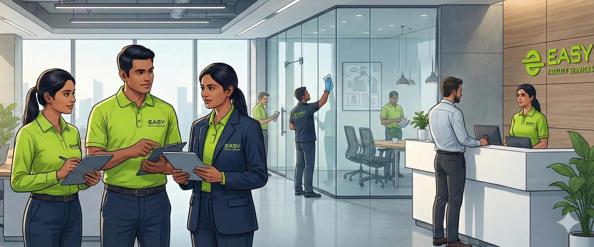 Facility services professionals coordinating operations