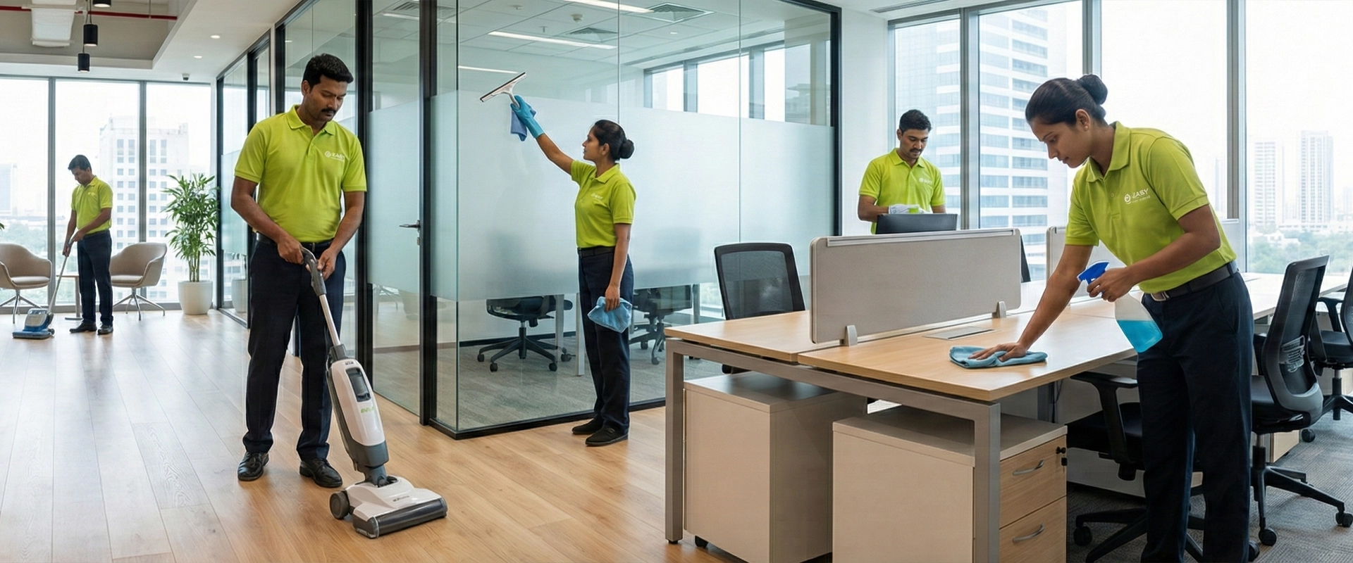 Housekeeping staff cleaning modern office workspace