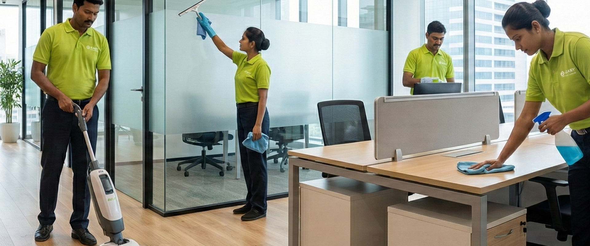 Office cleaning team maintaining workstations